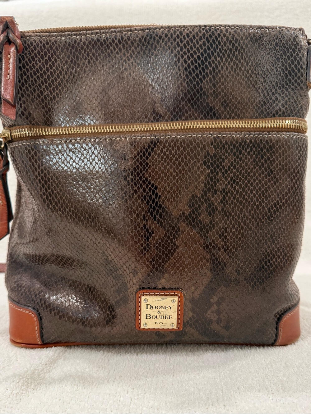 Dooney & Bourke Dark Brown Snake-Embossed Messenger with Tan Trim